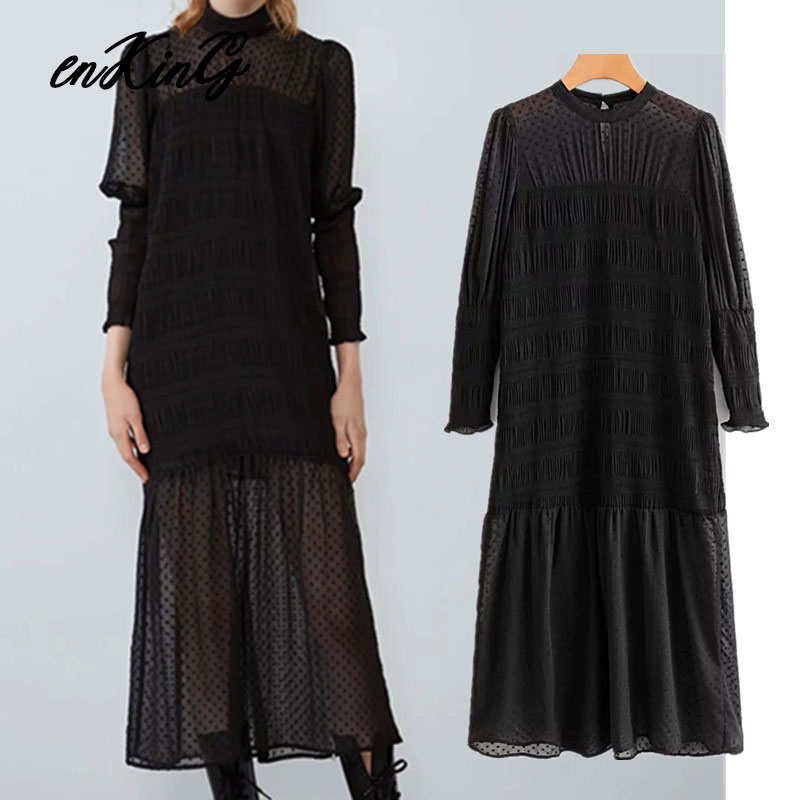 Engelsk stil enkel gasväv prick med veckat foder midi za klänning dam vestidos de fiesta de noche vestidos blazer