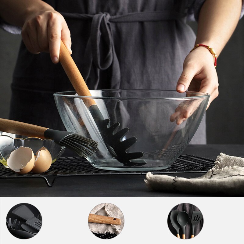 Silikone køkkenredskaber madlavningssæt suppe ske spatel non-stick skovl med træhåndtag specielt varmebestandigt