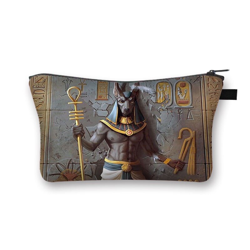 Egyptiskt konsttryck kosmetikafodral kvinnor sminkväskor egypten farao anubis necessär liten handväska läppstiftshållare kosmetisk väska: Shzbaij 09cw