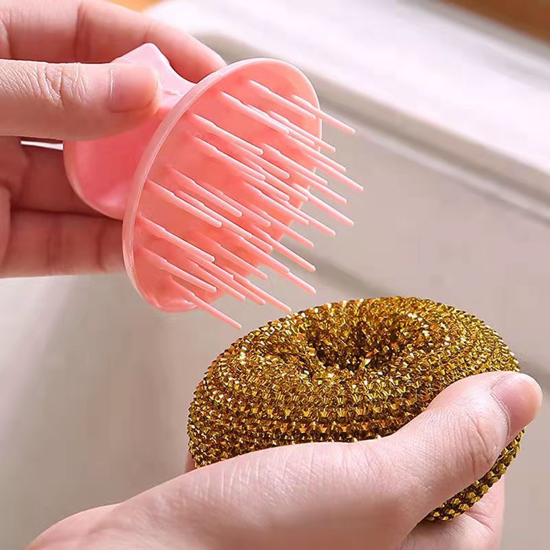 Spazzola per la pulizia delle stoviglie con sfera in filo d'acciaio spazzola per la pulizia delle sfere in spugna con manico lungo in acciaio inossidabile per lavare lo strumento della ciotola della pentola