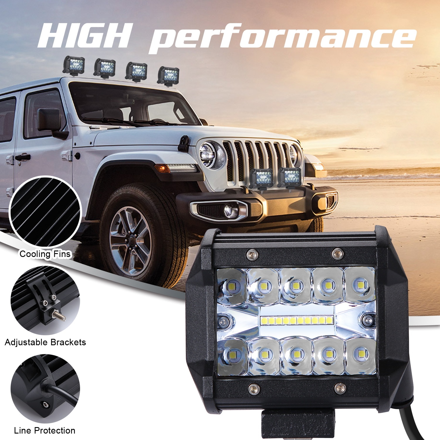 1Pieces 4 Inch 200W LED Car Work Light Three Row Mount Combo Driving Lamp For Caravan Truck Off-road Trailer