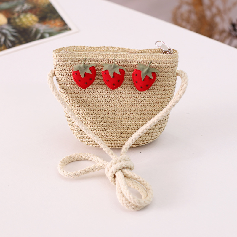 bonnet bebe fille Ensemble chapeau et sac en paille ondulé à la fraise pour fille, 2 pièces, accessoires de protection solaire pour enfants de 3 à 8 ans, printemps et été: Bag-Beige