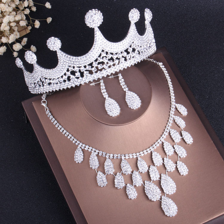 Luxe Zilver Kleur Crystal Leaf Bruids Sieraden Set Strass Tiara Crown Ketting Earring Wedding Afrikaanse Kralen Sieraden Sets