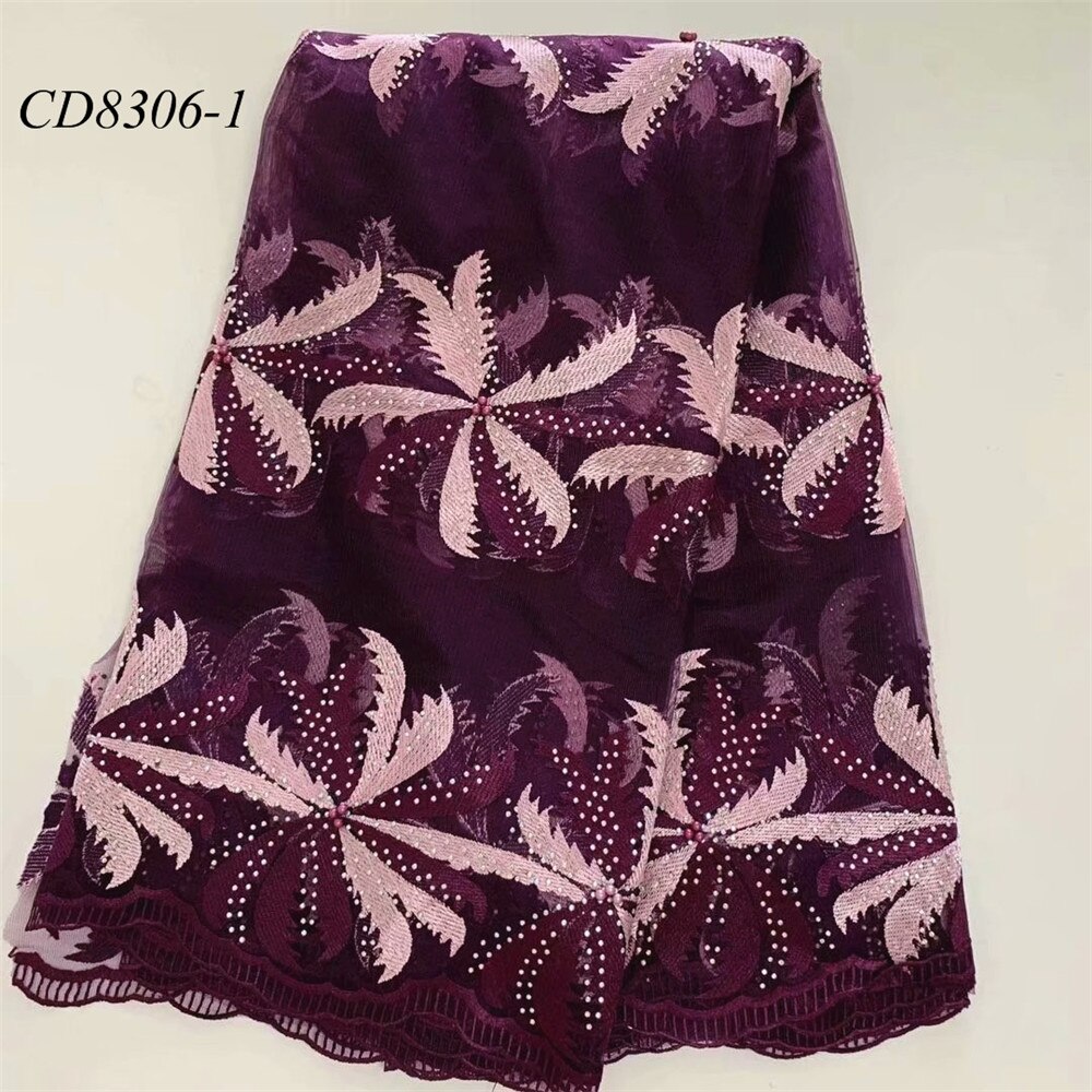Color vino 100% poliéster guangzhou encaje bordado de estilo africano tela 5 yardas telas de encaje de Red Africana