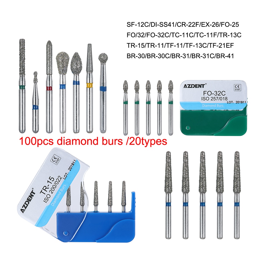 AZDENT 100pcs/20Boxes Dental Diamond Burs Drill for Teeth Porcelain Ceramics Composite Polishing High Speed Handpiece Dia.1.6mm