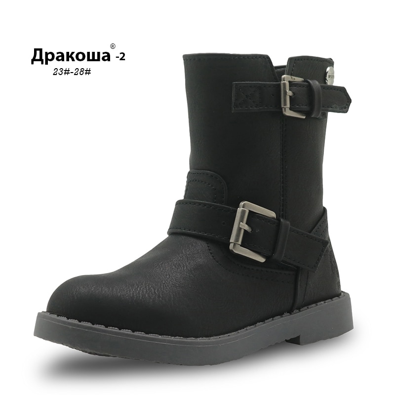 APAKOWA-bottes d'hiver pour filles, mi-mollet, chaussures pour enfants, en cuir Pu, bottes de conduite solides, ue 25-30,