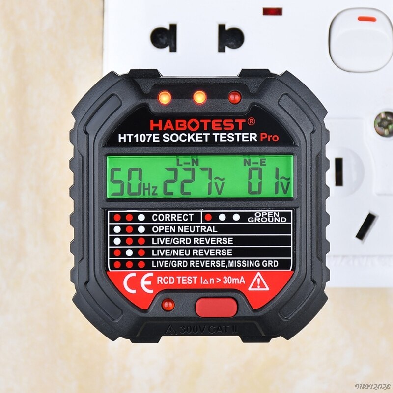 HT107 Socket Tester Voltage Test Eu/Uk/Us Plug Lijn Tester Rcd Voltage Meting Lcd Display Socket Tester lekkage