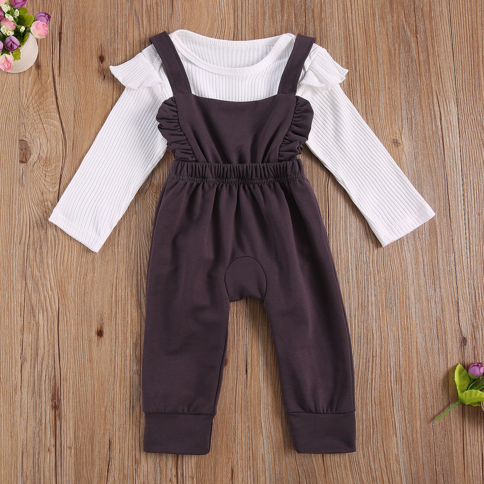 FOCUSNORM 0-24M Autumn Infant Baby Girls Boys Clothes Sets Solid Ruffles Long Sleeve Romper Tops+Bib Overalls Pants 5 Colors
