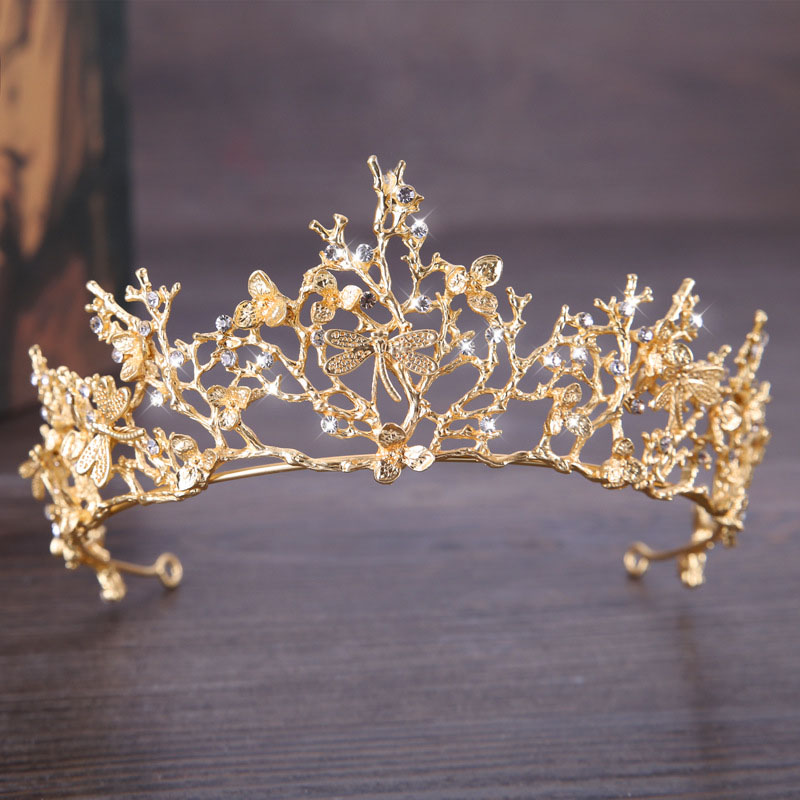 Tiara 'S En Kronen Voor Bruid Bruiloft Haar Accessoires Barokke Gouden Kroon Tiara Koning Koningin Diadema Metal Dragonfly Hoofddeksels