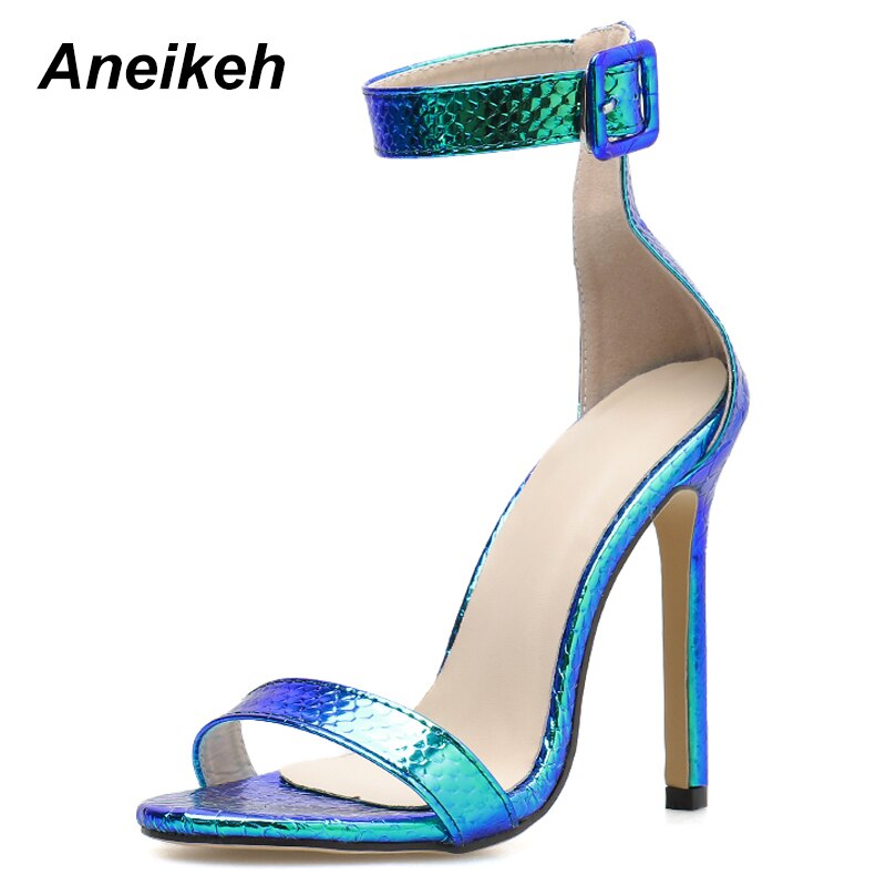 Aneikeh PU Women Shoes Thin High Heels Sandals Ankle Buckle Strap Sandals Pumps Party Dress Silver Blue Size 35-40