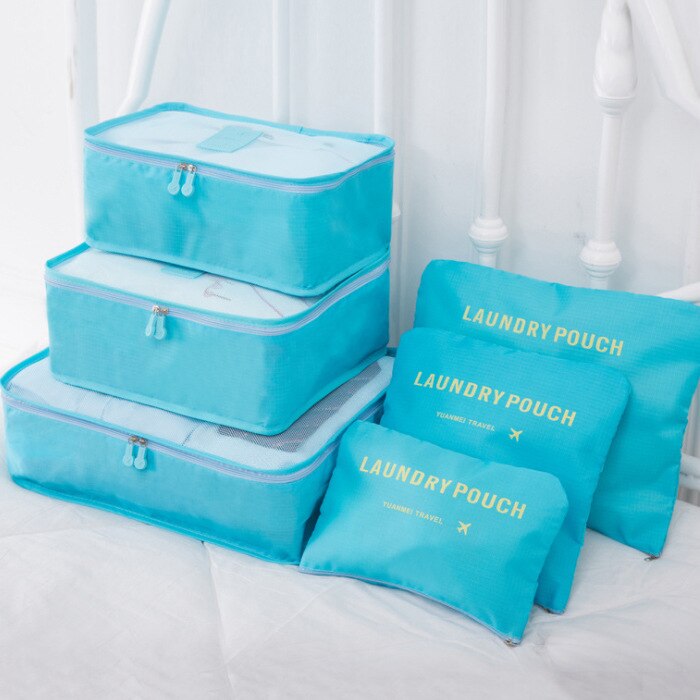6 stk rejse opbevaringspose sæt til tøj ryddeligt arrangør garderobe kuffert pose rejse arrangør taske taske sko pakning terning taske: Himmelblå