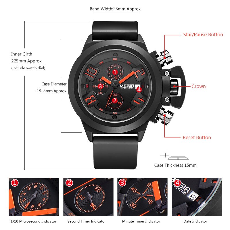 Mode Heren Horloges Grote Wijzerplaat Sport Waterdichte Siliconen Band Casual Quartz Chronograaf Kalender Quartz Horloge