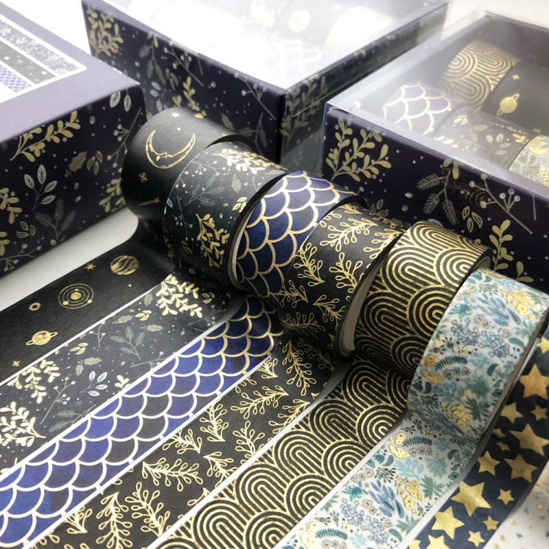 10 stk / sæt sort geometri guldmaskering washi tape dekorativt tape sæt decora diy scrapbooking sticker label brevpapir