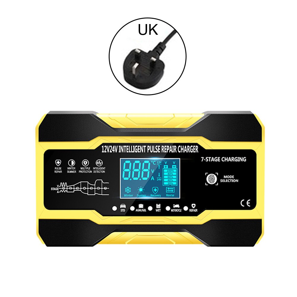 Chargeur de réparation d'impulsions de voiture 12V/5A 24V/10A, avec écran LCD, pour batterie de moto, automatique, intelligent, en 7 étapes, rapide: Yellow UK