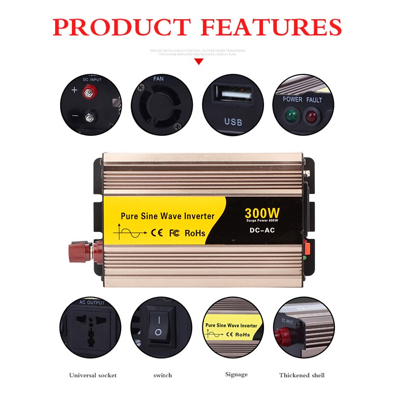 Vingtank 300W Solar Power Inverter DC12V To AC 220V Converter Pure Sine Wave Inverter Built-In Cooling Fan