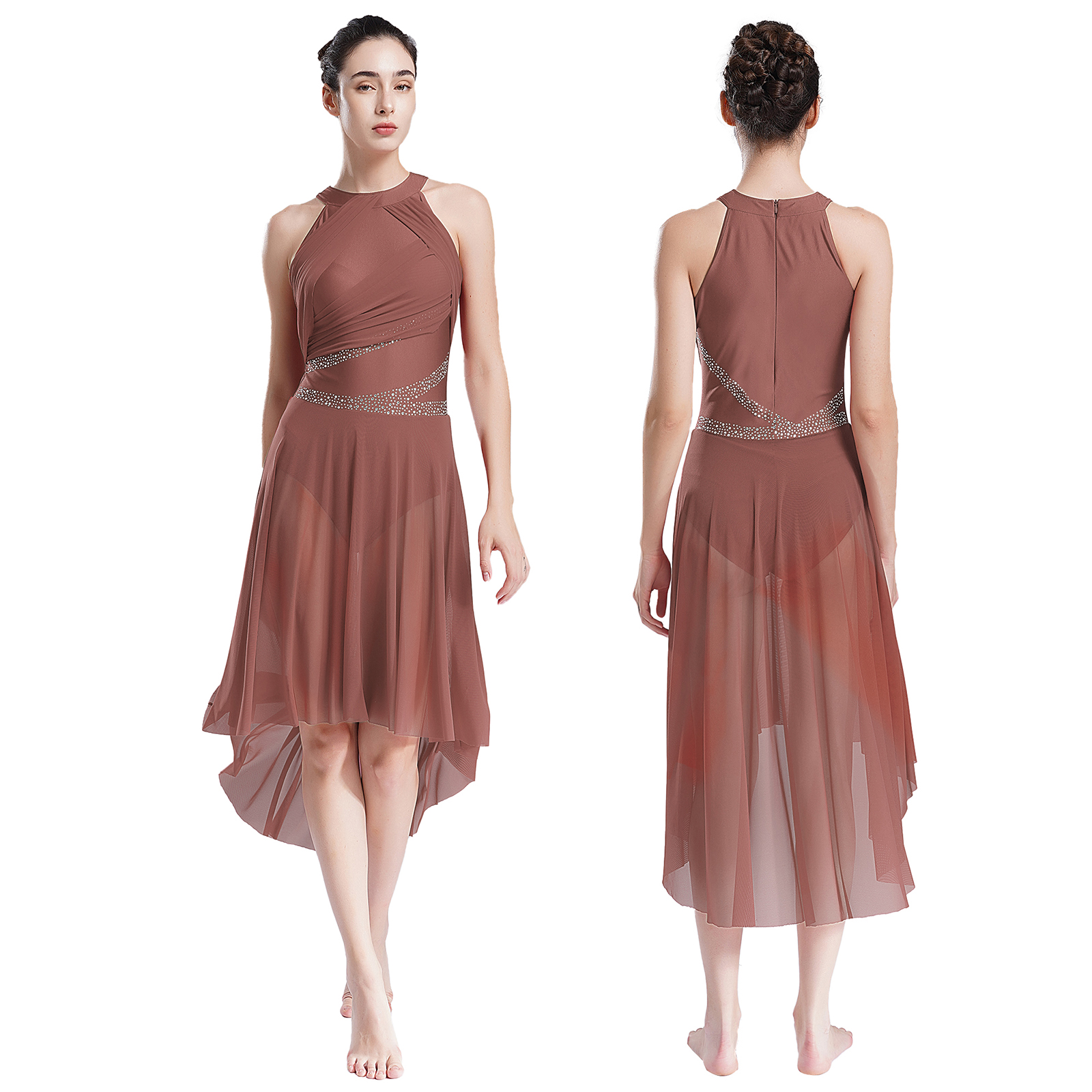 Womens Modern Lyrical Dance Dress High-Low Tulle Rhinestone Ballet Gymnastics Leotards Figure Skating Performance Costume