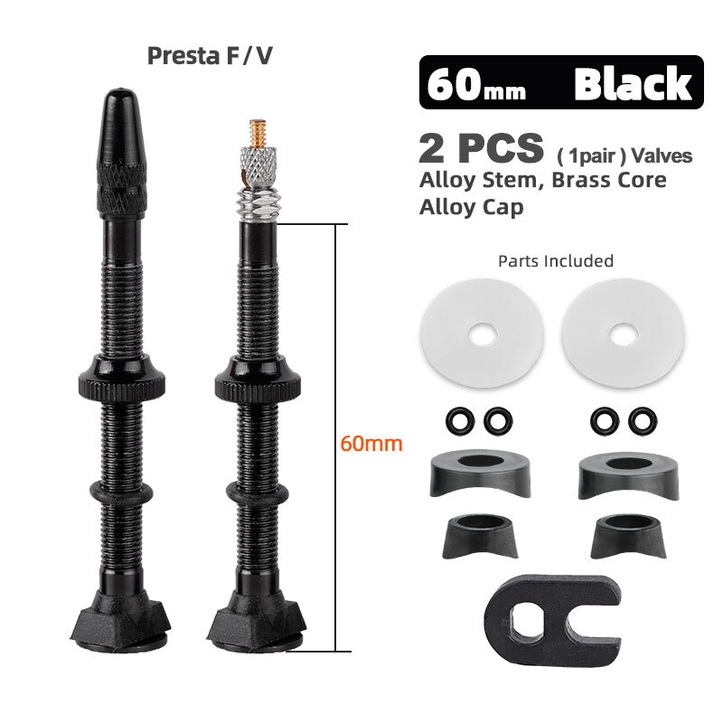 Bicicletta 1 paio 40/45/60mm Presta Valve per strada Tubeless Rim nucleo in ottone con tappo e strumento: 60mm Alloy Black B