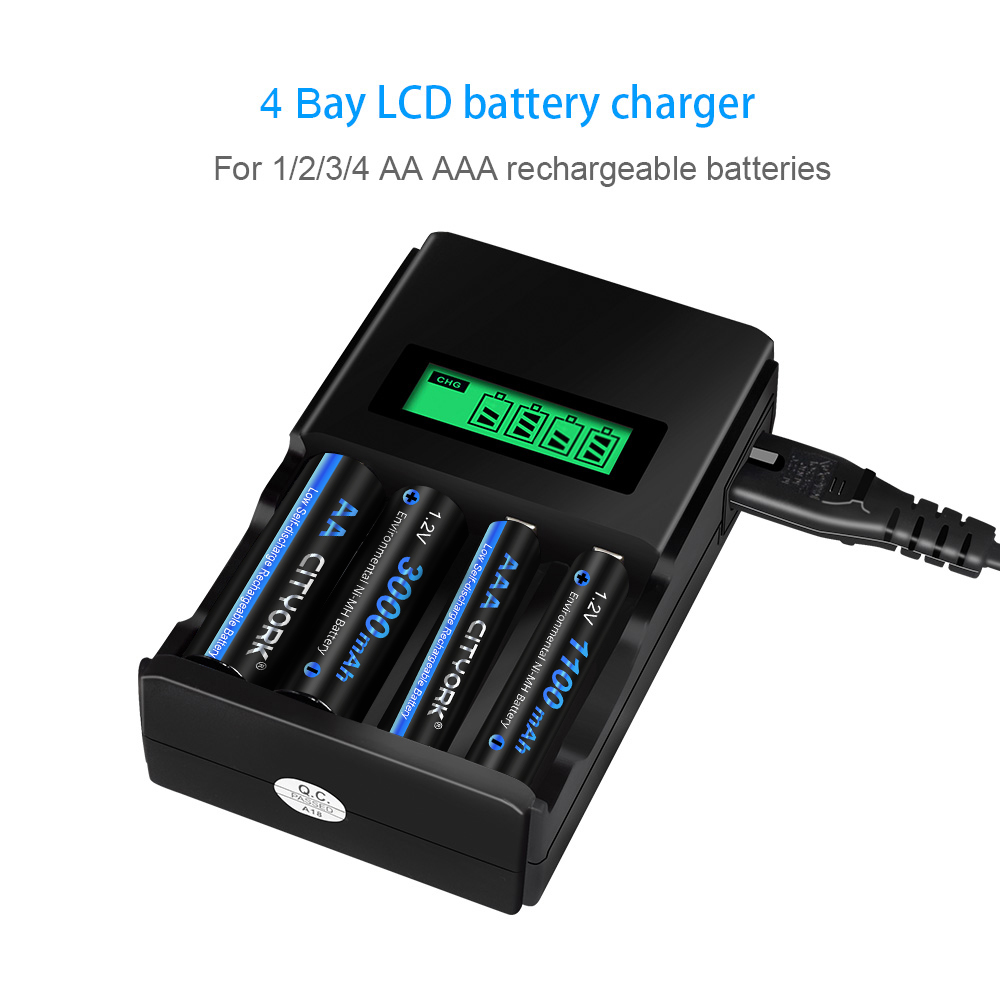 CITYORK-pilas recargables de 1,2 V, AAA, 1100mAh, NI-MH, 3A, 4 ranuras, LCD, USB, cargador de batería recargable de 1,2 V, AA, AAA