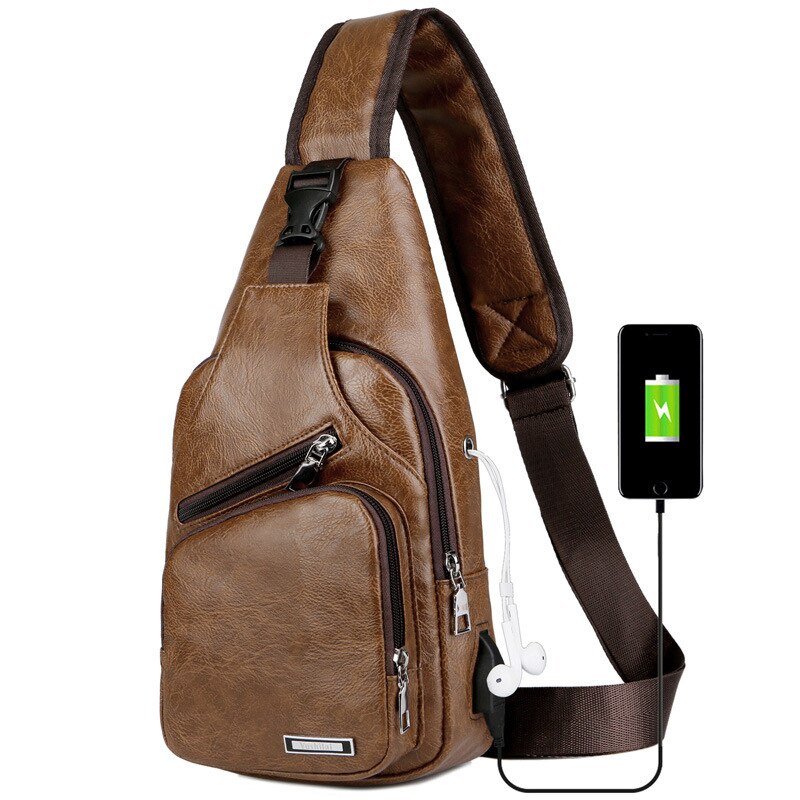 Men Back Pack Chest Pack Single Shouler Rucksack England Chest Bag Shoulder Cross Body PU Leather External USB Charger: Khaki