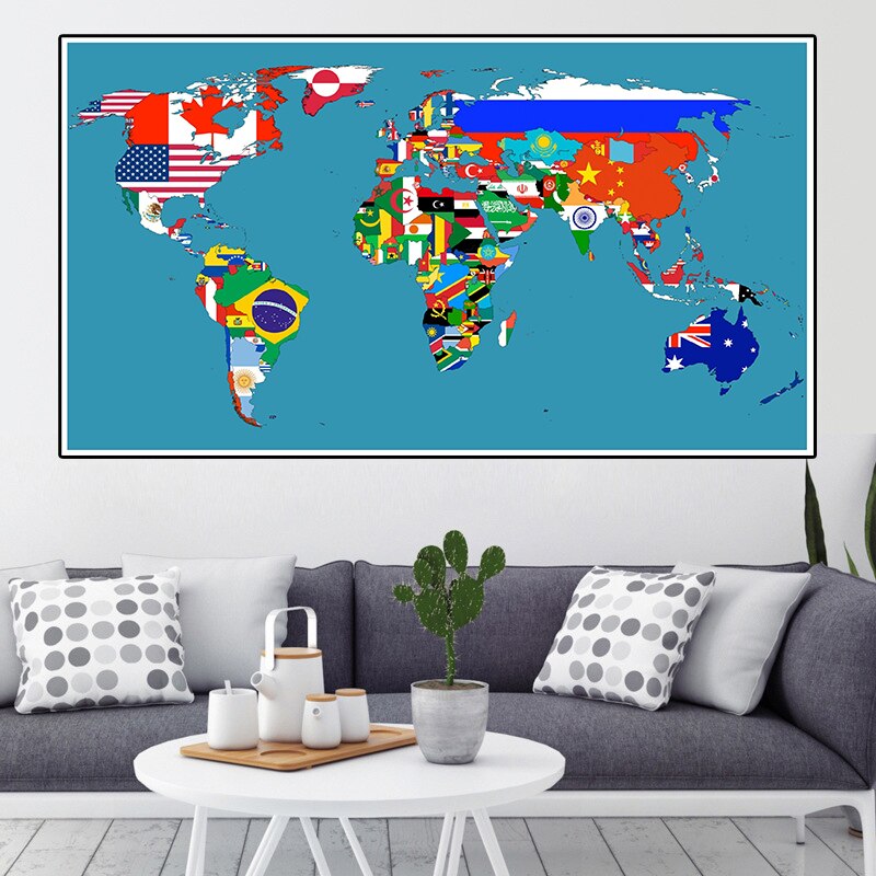 Diy verdenskort lavet med nationale flag mønster 150 x 100cm ikke-vævet dekor kort til vægindretning