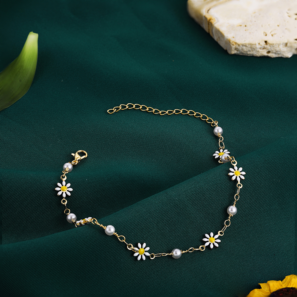 Tobillera de margaritas con cadena de perlas hechas a mano para mujer, sandalias de playa de verano, accesorios, pulsera en la pierna: Color amarillo dorado claro