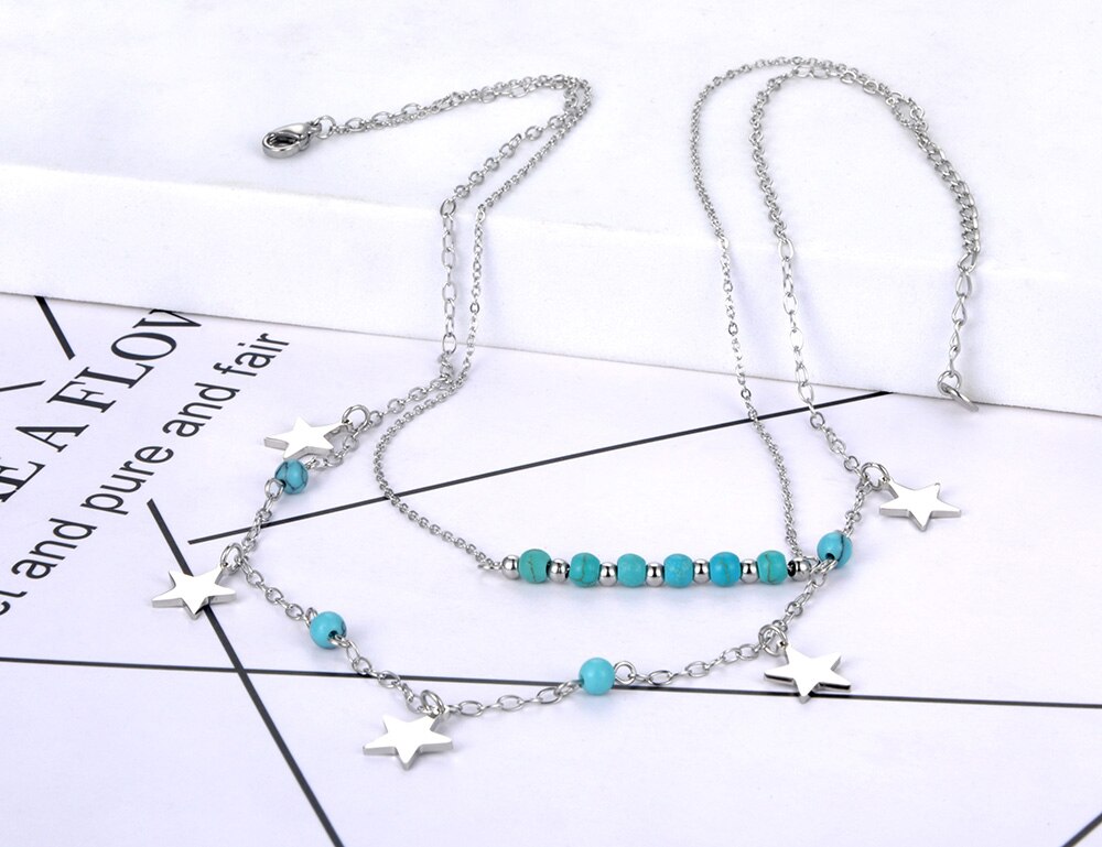 Lokaer 18K Gold Titanium Rvs Dubbele Laag Turquoise Choker Ketting Bohemen Star Party Ketting Voor Vrouwen N21251