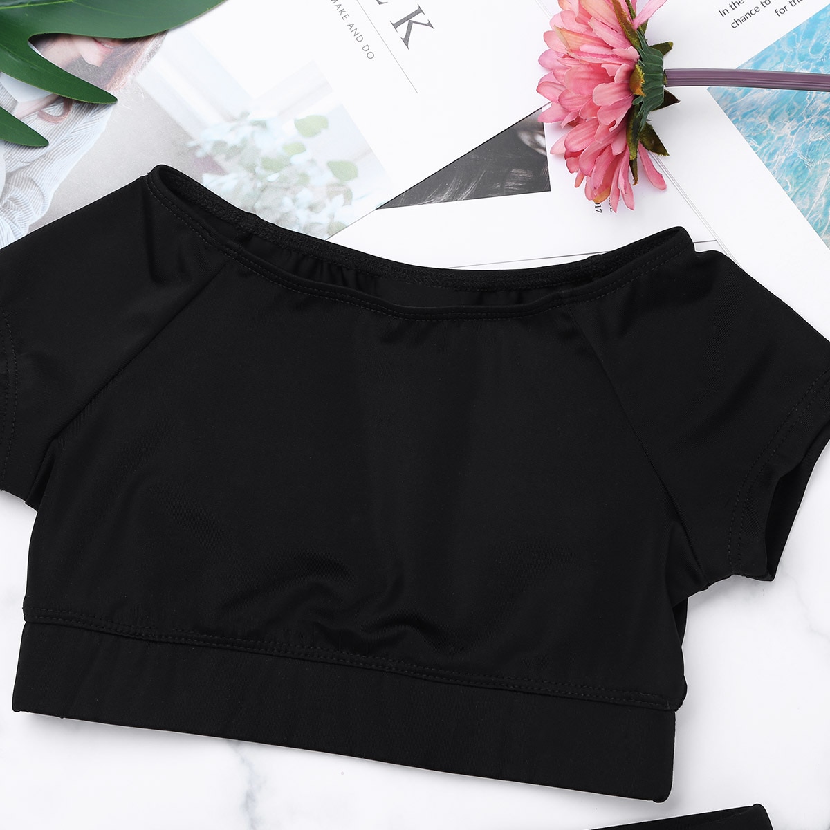 Tiaobug tytöt musta lyhythihainen tankini crop top shortsit setti lasten baletti tanssi urheilu kuntoilu voimistelu puvut lasten tanssivaatteet