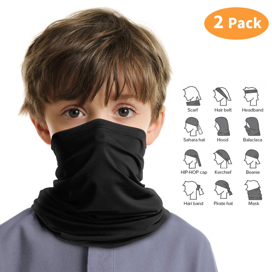 Kinderbandana, nekwarmer, hoofddeksels voor jongens en meisjes, gezichtsdoek, outdoor kinderfiets, winddicht, wandelsjaals: 2 stuks zwart