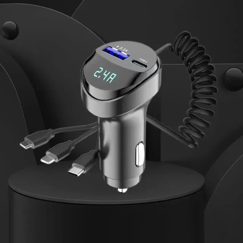 newSnel opladen 55w auto multifunctionele 2 poorten USB-autolader drie in één USB intrekbare oplaadkabel met spanningsweergave