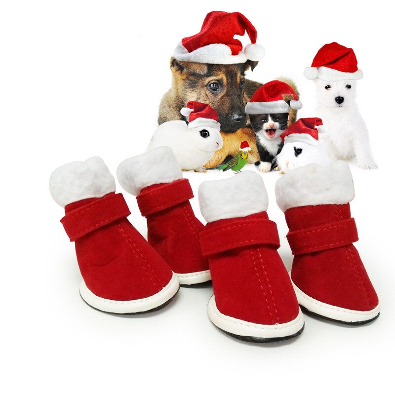 4 st anit-slip vinter sällskapsdjur hund skor jul röd regn snö stövlar skor tjocka varma för små katter hundar valp hund strumpor bootie