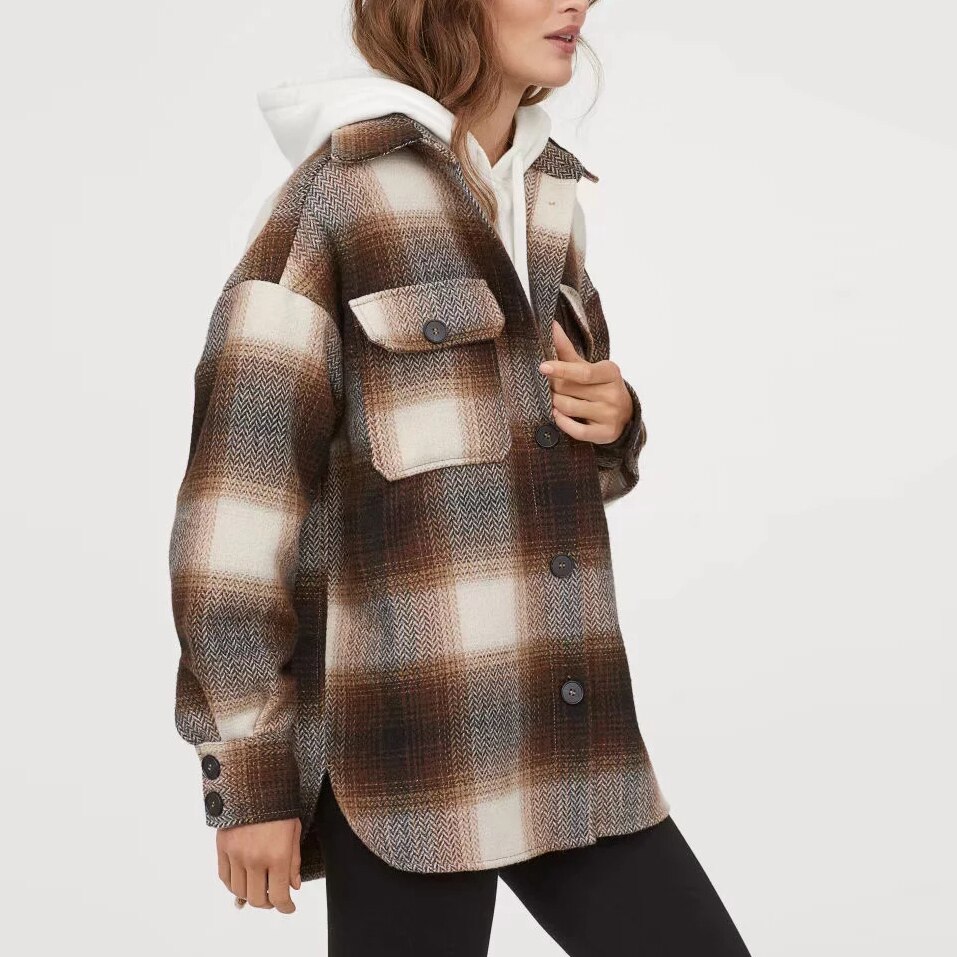Za høst vinter dame rutete ullskjorte pluss tweed tykk frakk varmt yttertøy kvinne oversize kåper kvinnelig skjortejakke