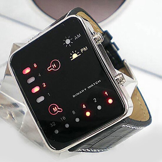 Digitale Horloge Mannen Mode Sport Digitale Binary Led Display Faux Lederen Band Polshorloge Horloge Mannen Relogio Sport Horloge