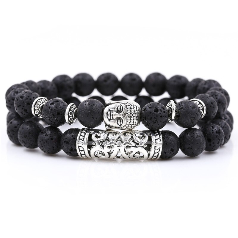 2PCS/Set Buddha Head Charm Natural 8mm Stone Beads Bracelet Sets For Women Men Braiding Macrame Bracelet Set Charm Bangle: BA-053(15)