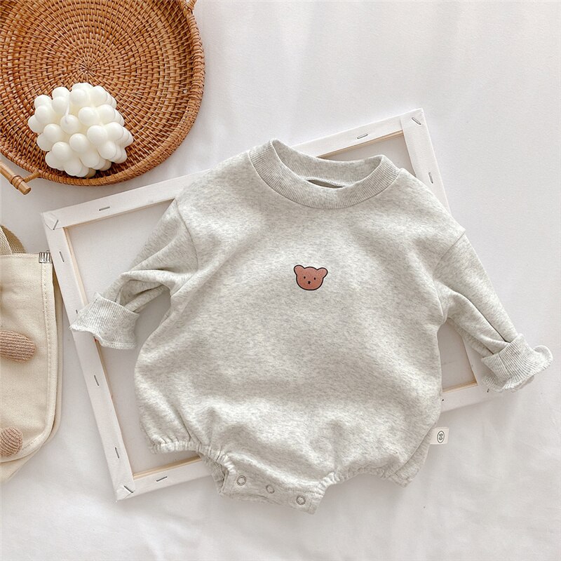 Koreaanse Stijl Lente Baby Gestreepte Cartoon Lange Mouw Bodysuit Baby Jongens Meisjes Katoen Beer Afdrukken Losse Een Stuk Kleding: light gray / 6-9M