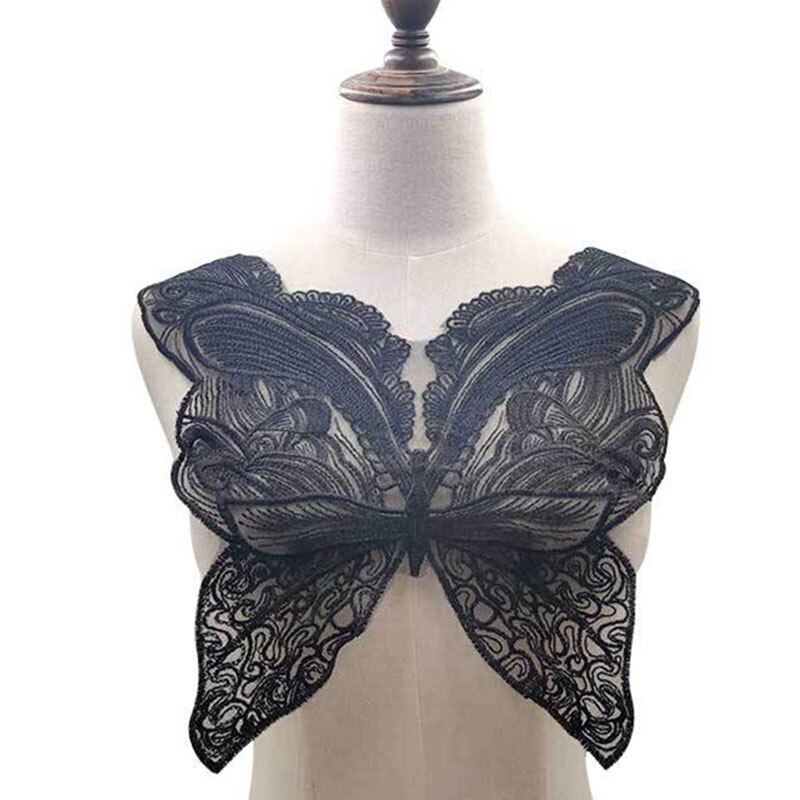Tela de encaje de guipur para costura de ropa, apliques de cuello de mariposa, bordado, color negro