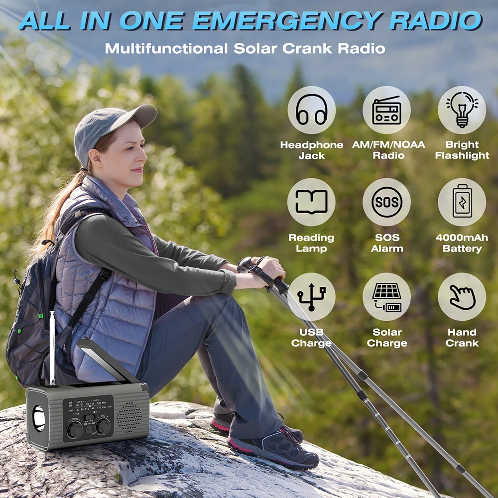 4000 mAh LED emergency light USB emergency light with light radio outdoor camping radio solar charging radio portable