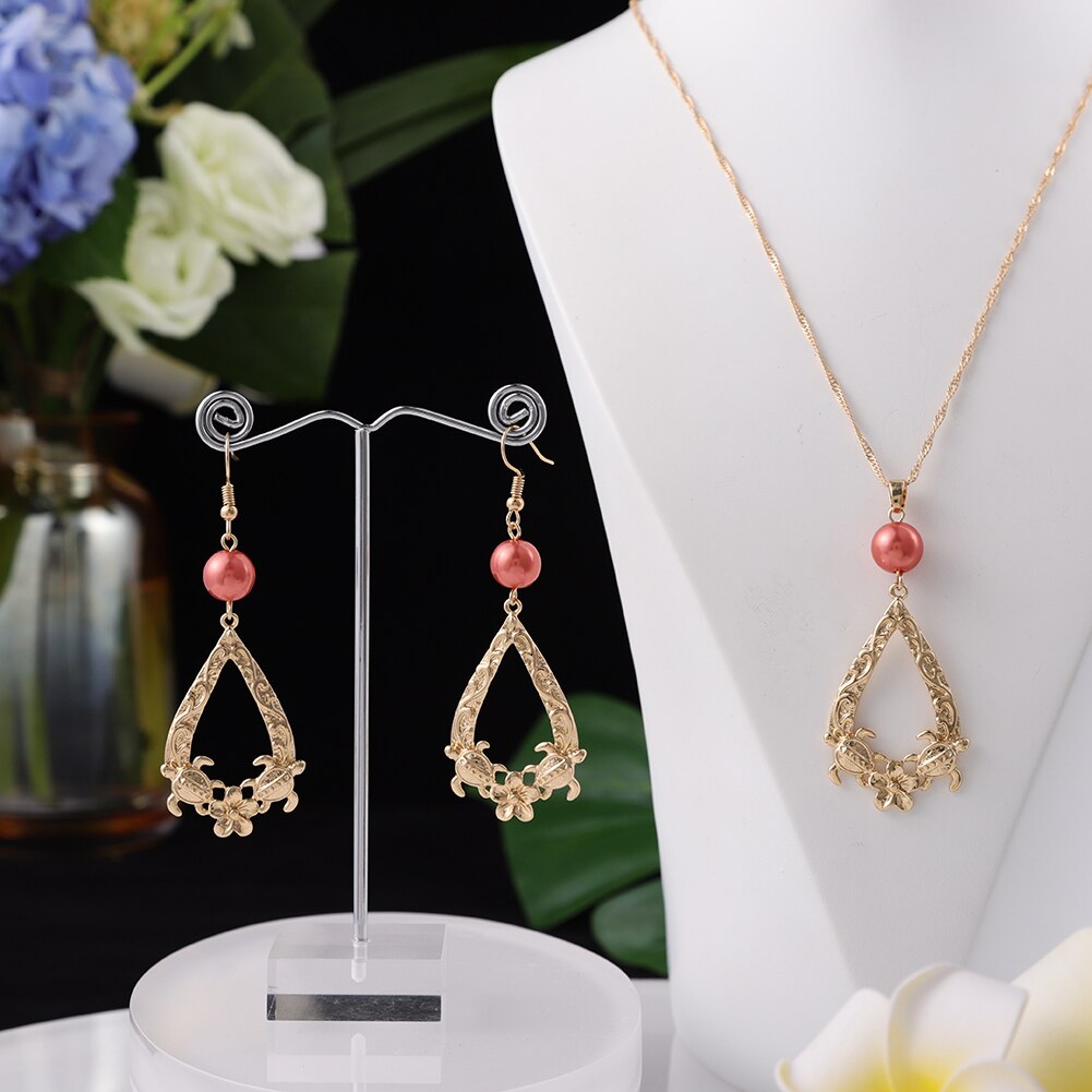 SophiaXuan Hawaiian Jewelry Set Pink Pearl Necklace Polynesian Necklace Samoa Gold Plated Earrings Set for Women: ZH0109GOSPK