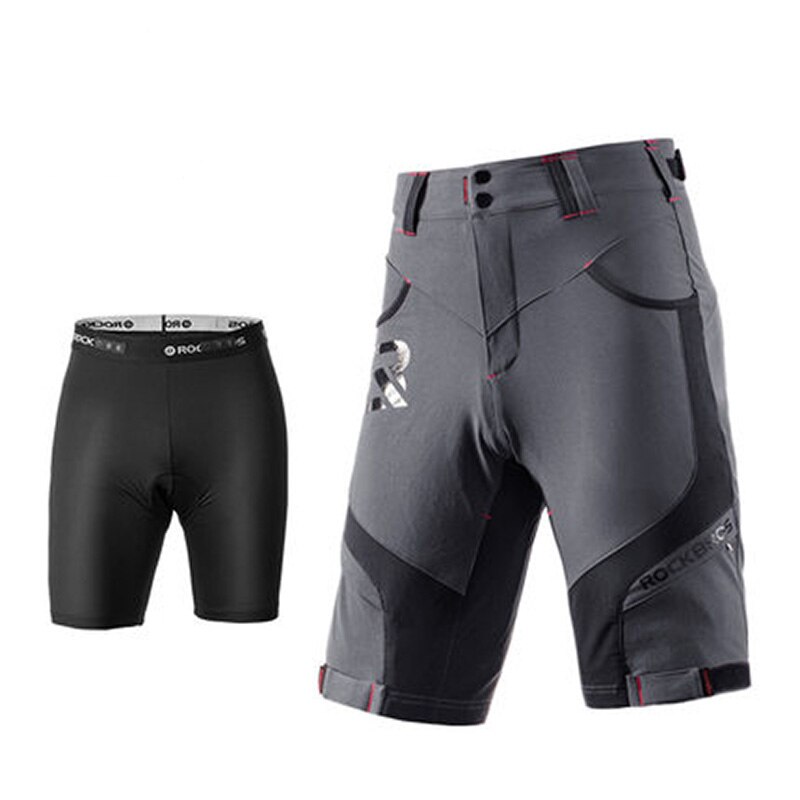 ROCKBROS-pantalones cortos de ciclismo, 2 en 1, con relleno 4D, ropa interior desmontable para bicicleta de montaña, pantalones cortos transpirables de descenso para hombre: grayish black / L