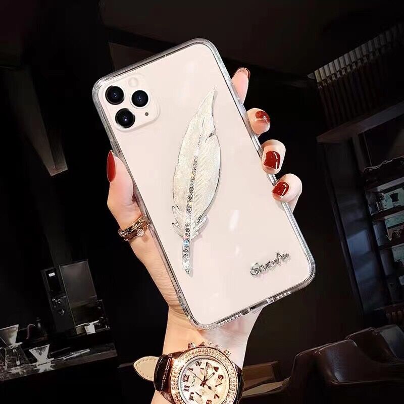 Custodia morbida trasparente con strass diamante piuma per iPhone 12 11 13 Pro Max X XR XS Max 7 8 Plus SE 2020 custodia per donna