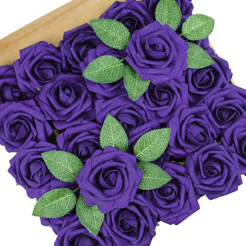 25 Pièces/boîte Mousse Artificielle Rose Fleurs avec des Feuilles Bouquets De Mariée De mariage De Décoration De Jardin de Partie Fausse Fleur BRICOLAGE Artisanat: dark purple