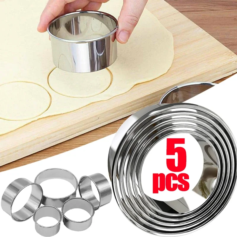 Juego de moldes redondos de acero inoxidable para cocina, cortador de galletas, repostería para hornear pasteles, albóndigas DIY, herramientas de corte de piel, 5 piezas por juego