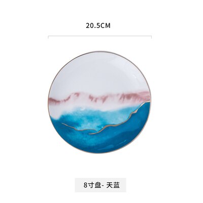 Assiette en céramique dorée vaisselle décoration de la maison assiette en porcelaine plat gâteau pâtisserie assiette à gâteau de fruits bol à soupe de riz tasse à thé: 8 inch Sky Blue
