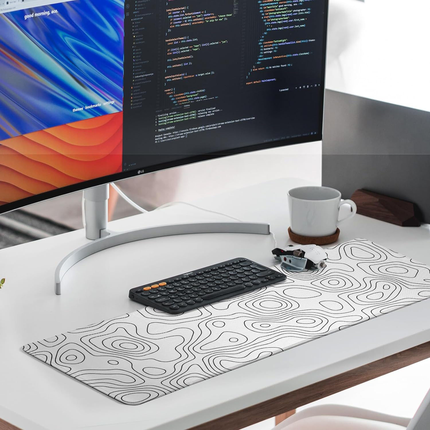 Weißes Gaming-Mauspad, Topografie-Kontur, großes Mauspad, Laptop-Schreibtischunterlage, Tastaturmatte, genähter Rand, rutschfestes Gummi, großes Schreibtischunterlage