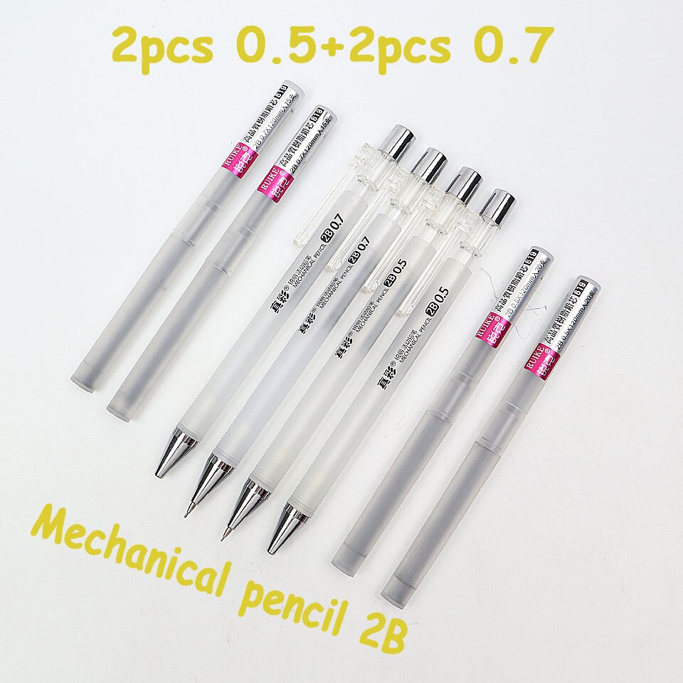 4 stk mekanisk blyant 2b 0.5-0.7mm plast frostet gennemskinnelig automatisk blyant tegne maleri til studerende kontorartikler: 2 stk -0.5--2 stk -0.7