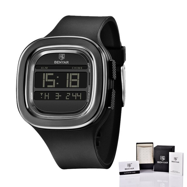 Benyar nieuwste elektronische herenhorloge schokbestendig duurzaam automatische datum top luxe elektronisch digitaal sporthorloge voor heren: Zwart met doos