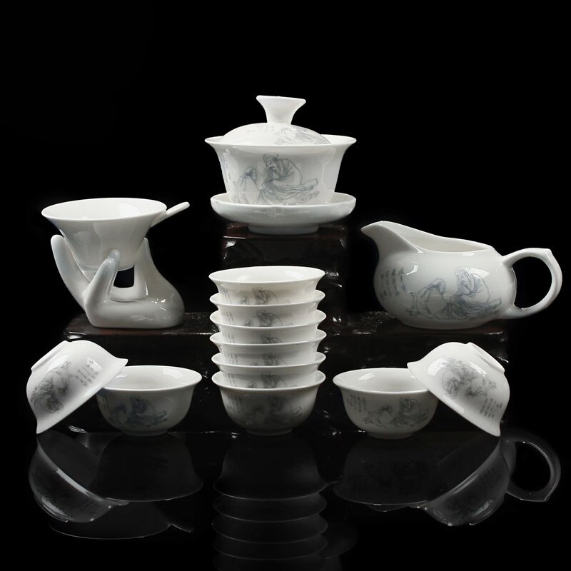Bone China Ceramic Kung Fu Tea Set Relief Dragon Porcelain 14pcs of Tea Suit with Gaiwan Tea Cups W $