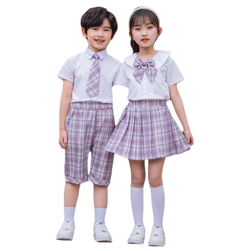 Girls Boys Primary School Uniform Set Children Jk Summer Academy Performance Class Plaid Pleated Skirt Short Sleeve Shirt Suit