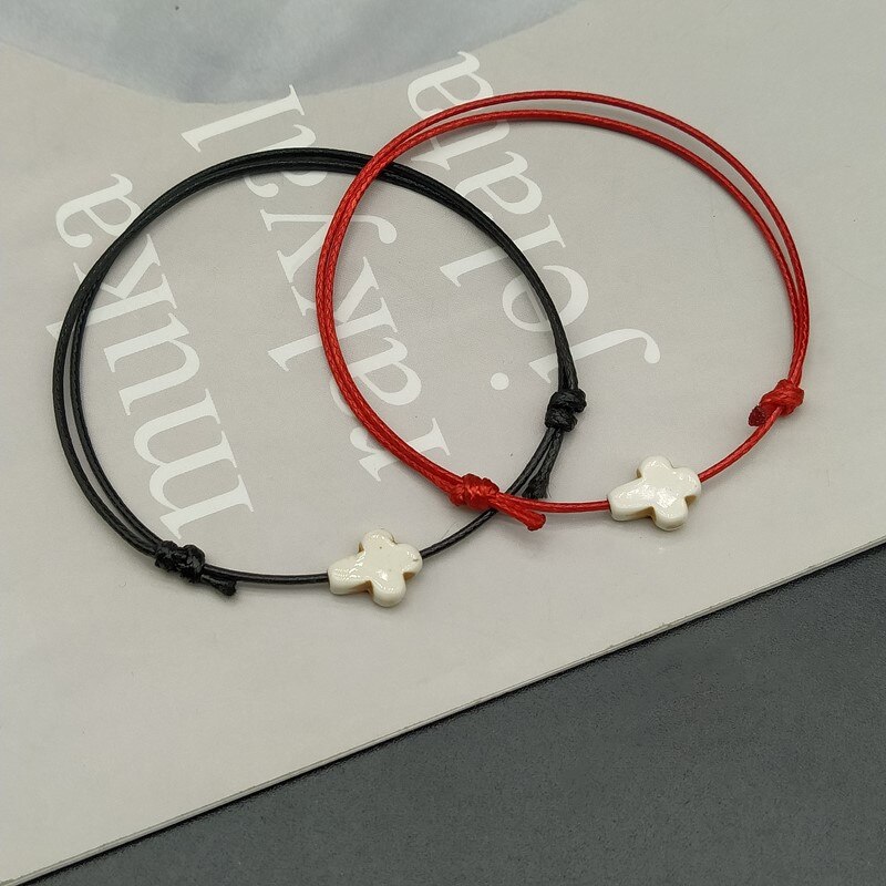 2 uds pulsera de bendición cruzada hecha a mano cordón rojo negro cuerda de cera pulseras de pareja para Mujeres Hombres: Marrón rojizo