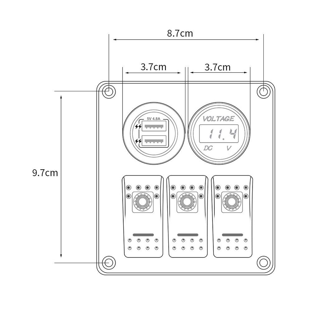 Boat Switch Panel Car Switch Panel Waterproof Digital Voltmeter Dual USB Port 12V Outlet Combination Marine LED Rocker 3 Gang