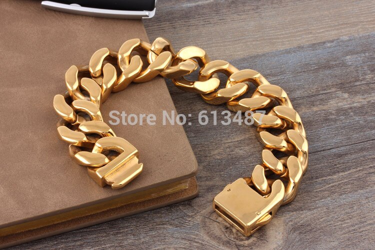 ¡8,66 "20mm ! Brazalete de pulsera de acero inoxidable dorado con cadena para hombre resistente a la , de